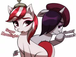 Size: 1600x1200 | Tagged: safe, artist:skylight, derpibooru import, onyx, sugar moonlight, earth pony, pony, unicorn, my little pony: a new generation, anti-mind reading cap, beret, duo, duo female, female, g5, hat, image, mare, png, simple background, wavy mouth, white background