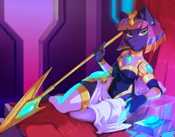 Size: 1280x1003 | Tagged: safe, artist:hakkids2, derpibooru import, oc, unofficial characters only, anthro, earth pony, bedroom eyes, breasts, clothes, commission, digital art, egyptian, female, image, jpeg, looking at you, pose, socks, solo, solo female, spear, stockings, tail, thigh highs, thighs, weapon