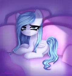 Size: 7200x7600 | Tagged: safe, artist:opal_radiance, derpibooru import, pegasus, pony, bed, blue eyes, blue hair, cuddling, image, pillow, png, relaxing, rest, snuggling, solo, white