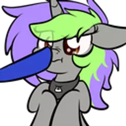 Size: 512x512 | Tagged: artist needed, safe, derpibooru import, oc, oc:frenzy nuke, unofficial characters only, pony, unicorn, boop, collar, image, png, scrunchy face