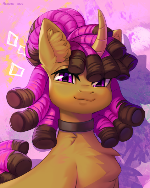 Size: 954x1200 | Tagged: safe, artist:margony, derpibooru import, oc, unofficial characters only, pony, unicorn, bust, choker, commission, curved horn, digital art, female, horn, image, looking at you, mare, png, portrait, solo, tail