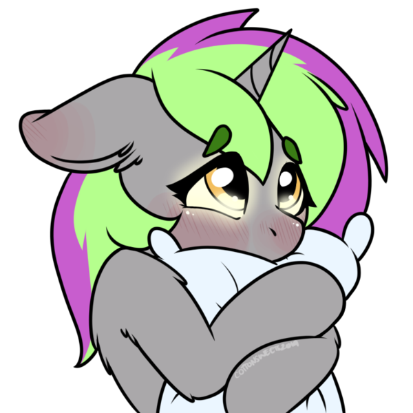 Size: 700x700 | Tagged: safe, artist:cottonsweets, derpibooru import, oc, oc:frenzy nuke, unofficial characters only, pony, unicorn, blushing, glow, glowing eyes, hug, image, pillow, pillow hug, png, shy, simple background, solo, transparent background