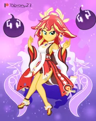 Size: 1594x2004 | Tagged: safe, artist:tabrony23, derpibooru import, sunset shimmer, equestria girls, beautiful, breasts, busty sunset shimmer, clothes, cosplay, costume, crossover, cute, female, genshin impact, high res, image, lidded eyes, looking at you, patreon, patreon logo, png, shoes, slimes (genshin impact), smiling, solo, video game crossover, yae miko (genshin impact)