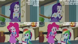 Size: 1280x720 | Tagged: safe, derpibooru import, edit, edited screencap, editor:quoterific, screencap, pinkie pie, rainbow dash, rarity, dance magic, equestria girls, spoiler:eqg specials, bracelet, clothes, cutie mark, cutie mark on clothes, female, hairpin, image, jewelry, jpeg, open mouth, open smile, smiling, trio