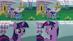 Size: 1280x720 | Tagged: safe, derpibooru import, edit, edited screencap, editor:quoterific, screencap, minuette, spike, twilight sparkle, twilight sparkle (alicorn), alicorn, dragon, pony, unicorn, amending fences, season 5, eyes closed, female, image, jpeg, male, mare, open mouth, open smile, smiling