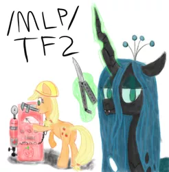 Size: 1000x1016 | Tagged: safe, derpibooru import, applejack, queen chrysalis, pony, /mlp/, /mlp/ tf2 general, butterfly knife, dispenser, engineer, image, knife, png, spy, team fortress 2, wrench