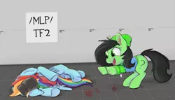 Size: 1500x859 | Tagged: semi-grimdark, artist:anonymous, derpibooru import, rainbow dash, oc, oc:anonfilly, pony, /mlp/, /mlp/ tf2 general, blood, female, filly, image, jpeg, laughing, schadenfreude, scout, taunting, team fortress 2