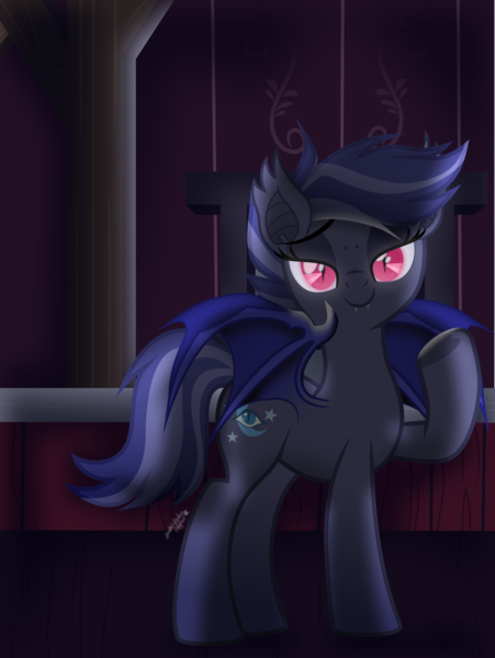 Size: 4427x5895 | Tagged: safe, artist:lincolnbrewsterfan, derpibooru import, oc, oc:night watch, bat pony, pony, harvesting memories, my little pony: the movie, spoiler:harvesting memories, .svg available, 100, barn, bat ears, bat eyes, bat wings, beautiful, beautiful eyes, bedroom eyes, blue mane, blue tail, colored wings, cute, cute little fangs, eye, fangs, female, flourish, glow, glowing eyes, grin, heart, heart hoof, highlights, image, indoors, inkscape, lidded eyes, looking at you, mare, milestone, movie accurate, nc-tv signature, night, pink eyes, png, raised hoof, shading, shadow, signature, simple background, slit pupils, smiling, smiling at you, spread wings, stall, striped mane, striped tail, tail, two toned mane, two toned tail, two toned wings, vector, window, wings, wood