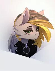 Size: 2370x3025 | Tagged: safe, artist:n_thing, derpibooru import, oc, oc:tlen borowski, unofficial characters only, pegasus, pony, bust, cheek fluff, clothes, collar, collar ring, ear piercing, earring, eyebrows, eyebrows visible through hair, eyelashes, eyeshadow, female, high res, image, jacket, jewelry, jpeg, leather jacket, looking at you, makeup, pegasus oc, piercing, solo, two toned mane, wings