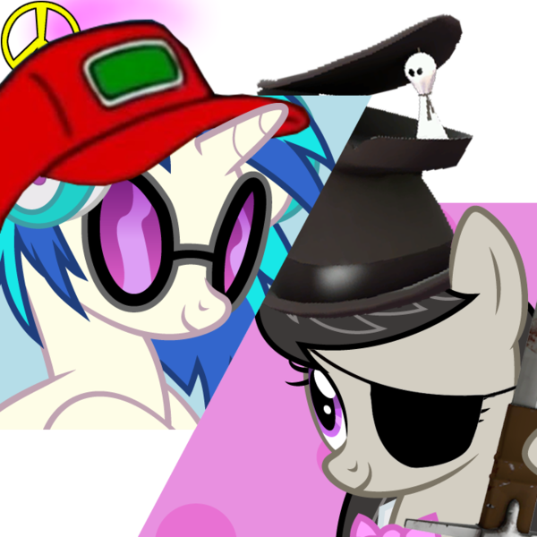 Size: 720x720 | Tagged: safe, derpibooru import, octavia melody, vinyl scratch, pony, /mlp/, /mlp/ tf2 general, demoknight, demoman, eyepatch, ghostly gibus, image, png, sneed, team fortress 2, unusual hat