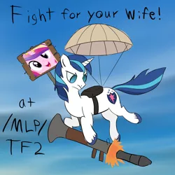 Size: 1000x1000 | Tagged: safe, derpibooru import, princess cadance, shining armor, pony, /mlp/, /mlp/ tf2 general, conscientious objector, image, parachute, png, rocket, rocket launcher, team fortress 2