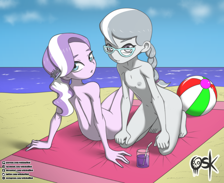 Size: 2000x1631 | Tagged: questionable, artist:oldskullkid, banned from derpibooru, ponybooru import, diamond tiara, silver spoon, equestria girls, barefoot, beach, beach ball, beach towel, beverage, breasts, child, delicious flat chest, drink, drinking straw, duo, duo female, feet, female, glasses, hairpin, image, lolicon, looking at you, nipples, nudist diamond tiara, nudist silver spoon, nudity, png, straw, towel, underage