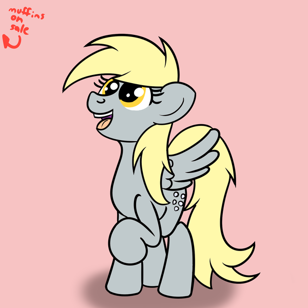 Size: 2000x2000 | Tagged: safe, artist:dafiltafish, derpibooru import, derpy hooves, pegasus, pony, 3/4 view, female, food, image, mare, muffin, png, raised hoof, simple background, smiling, solo, spread wings, wings