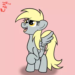 Size: 2000x2000 | Tagged: safe, artist:dafiltafish, derpibooru import, derpy hooves, pegasus, pony, 3/4 view, female, food, image, mare, muffin, png, raised hoof, simple background, smiling, solo, spread wings, wings