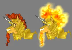 Size: 1280x898 | Tagged: safe, artist:d3pressedr4inbow, derpibooru import, sunburst, pony, unicorn, armor, bust, glasses, gray background, helmet, image, jpeg, male, mane of fire, simple background, solo, stallion