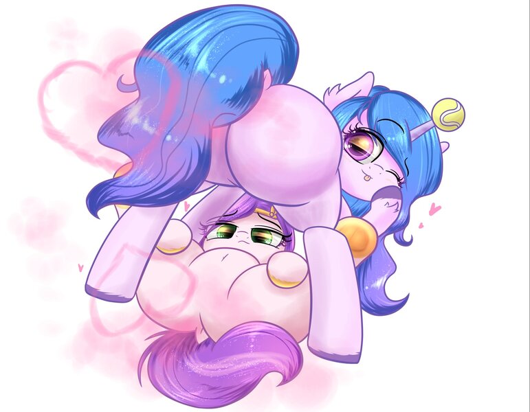 Size: 1920x1494 | Tagged: questionable, artist:phoenixrk49, derpibooru import, izzy moonbow, pipp petals, pegasus, pony, unicorn, ball, balls, duo, emanata, eye clipping through hair, eye reflection, fart, featureless crotch, female, g5, heart, image, izzy's tennis ball, jpeg, looking at you, mare, nudity, one eye closed, reflection, simple background, tennis ball, tongue out, white background, wink, winking at you