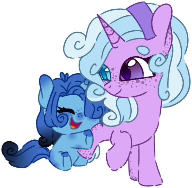 Size: 1280x1251 | Tagged: safe, artist:maximumpiracy, derpibooru import, oc, pony, unicorn, base used, duo, freckles, heterochromia, horn, hug, image, looking back, magical lesbian spawn, offspring, parent:pinkie pie, parent:trixie, parents:trixiepie, png, simple background, smiling, transparent background, unicorn oc