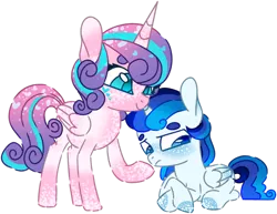 Size: 1280x988 | Tagged: safe, artist:maximumpiracy, derpibooru import, princess flurry heart, oc, alicorn, pony, alicorn oc, base used, colt, duo, ethereal mane, female, filly, foal, horn, image, male, offspring, older, older flurry heart, parent:princess cadance, parent:shining armor, parents:shiningcadance, png, raised hoof, simple background, smiling, starry mane, transparent background, wings