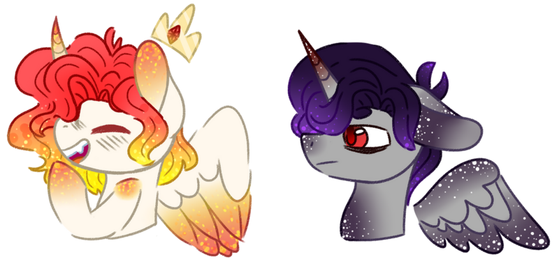 Size: 1280x639 | Tagged: safe, artist:maximumpiracy, derpibooru import, oc, unofficial characters only, alicorn, pony, alicorn oc, base used, bust, duo, eyes closed, floating wings, horn, image, male, offspring, parent:king sombra, parent:princess celestia, parents:celestibra, png, simple background, smiling, stallion, transparent background, wings