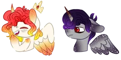 Size: 1280x639 | Tagged: safe, artist:maximumpiracy, derpibooru import, oc, unofficial characters only, alicorn, pony, alicorn oc, base used, bust, duo, eyes closed, floating wings, horn, image, male, offspring, parent:king sombra, parent:princess celestia, parents:celestibra, png, simple background, smiling, stallion, transparent background, wings