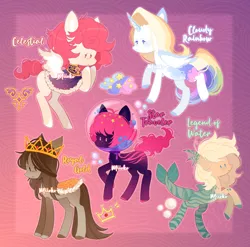 Size: 1024x1012 | Tagged: safe, artist:miioko, derpibooru import, oc, unofficial characters only, alicorn, earth pony, original species, pegasus, pony, shark, shark pony, alicorn oc, clothes, crown, earth pony oc, horn, image, jewelry, jpeg, multicolored hair, pegasus oc, rainbow hair, raised hoof, rearing, regalia, wings