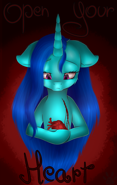 Size: 1945x3082 | Tagged: semi-grimdark, artist:maneblue, derpibooru import, oc, unofficial characters only, pony, unicorn, blood, bust, female, heart (organ), horn, image, mare, organs, png, solo, unicorn oc