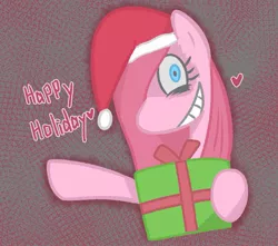 Size: 1211x1071 | Tagged: safe, artist:garammasara, derpibooru import, pinkie pie, earth pony, pony, bust, christmas, emanata, female, gritted teeth, hair over one eye, happy holidays, hat, heart, holiday, image, jpeg, looking at you, mare, pinkamena diane pie, present, santa hat, smiling, smiling at you, solo