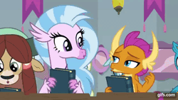 Size: 640x360 | Tagged: safe, derpibooru import, screencap, gallus, ocellus, pinkie pie, sandbar, silverstream, smolder, yona, changeling, dragon, earth pony, gryphon, hippogriff, pony, yak, school daze, season 8, spoiler:s08, animated, book, confetti, dragoness, eyes closed, female, gif, gifs.com, image, male, mare, nose in the air, open mouth, open smile, school of friendship, smiling, stallion, student six, uvula, volumetric mouth