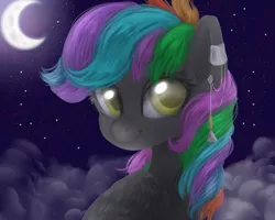 Size: 5000x4000 | Tagged: safe, alternate version, artist:kaikururu, derpibooru import, oc, unofficial characters only, pegasus, pony, bust, crescent moon, eyelashes, image, moon, multicolored hair, night, outdoors, pegasus oc, png, rainbow hair, stars, wings