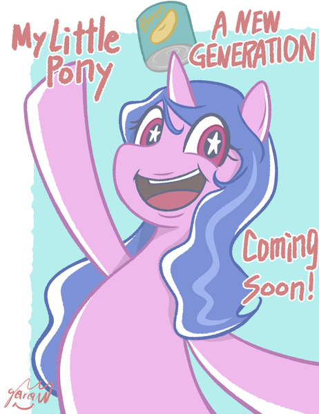 Size: 1000x1299 | Tagged: safe, artist:garammasara, derpibooru import, izzy moonbow, pony, unicorn, g5, beans, bust, female, food, image, izzy's beans, jpeg, looking at you, mare, open mouth, open smile, signature, smiling, smiling at you, solo, starry eyes, text, wingding eyes