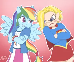Size: 1196x1000 | Tagged: safe, artist:garammasara, derpibooru import, rainbow dash, human, equestria girls, bust, crossed arms, duo, eared humanization, female, gradient background, humanized, image, jpeg, looking at each other, looking at someone, signature, supergirl, winged humanization, wings