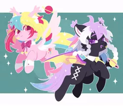 Size: 900x773 | Tagged: safe, artist:snow angel, derpibooru import, oc, oc:planet letty, unofficial characters only, bat pony, pegasus, pony, bowtie, duo, female, heart, image, jpeg, looking at you, mare, necktie, open mouth, saturn, sparkles, spread wings, starry eyes, stars, wingding eyes, wings