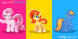 Size: 2994x1506 | Tagged: safe, artist:angellight-bases, artist:muhammad yunus, derpibooru import, oc, oc:annisa trihapsari, oc:rozyfly, oc:sunflower, unofficial characters only, earth pony, pegasus, pony, unicorn, series:the legend of tenderheart, base used, butt, earth pony oc, eyes closed, female, happy, horn, image, male, mare, medibang paint, open mouth, pansexual, pegasus oc, plot, png, smiling, stallion, sultry pose, trio, unicorn oc, wings