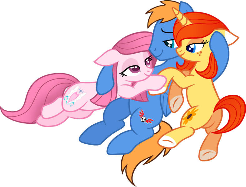 Size: 2539x1932 | Tagged: safe, artist:grapefruitface1, artist:muhammad yunus, derpibooru import, oc, oc:annisa trihapsari, oc:rozyfly, oc:sunflower, unofficial characters only, earth pony, pegasus, pony, unicorn, series:the legend of tenderheart, base used, butt, earth pony oc, eyes closed, female, floppy ears, horn, image, male, mare, medibang paint, pegasus oc, plot, png, simple background, smiling, stallion, sultry pose, transparent background, trio, unicorn oc, wings