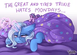 Size: 4093x2894 | Tagged: safe, artist:julunis14, derpibooru import, starlight glimmer, trixie, pony, unicorn, eqg summertime shorts, equestria girls, monday blues, bedsheets, coffee, frown, image, pillow, plushie, png, solo, tired, wavy mouth