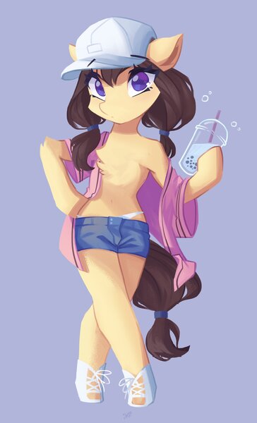 Size: 1241x2048 | Tagged: oc name needed, safe, artist:saxopi, derpibooru import, oc, unofficial characters only, earth pony, pony, semi-anthro, baseball cap, belly, belly button, cap, chest fluff, clothes, drink, drinking straw, eye clipping through hair, eyebrows, eyebrows visible through hair, eyelashes, gray background, hairband, hat, hoof hold, hoof shoes, image, jpeg, leg fluff, looking at you, no pupils, open chest, open clothes, open shirt, panties, pigtails, plastic cup, purple eyes, shorts, simple background, solo, tail, tail band, underwear