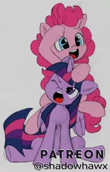 Size: 974x1526 | Tagged: safe, artist:3the_et, artist:shadowhawx, derpibooru import, pinkie pie, twilight sparkle, twilight sparkle (alicorn), alicorn, pony, annoyed, happy, image, jpeg, one eye closed, open mouth, riding a pony, smiling, traditional art