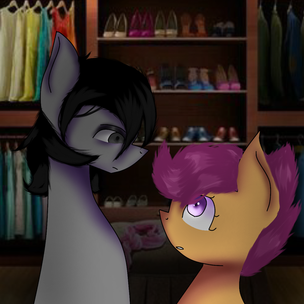 Size: 1280x1280 | Tagged: safe, artist:daijodako, derpibooru import, scootaloo, oc, oc:daijopony, earth pony, horse, pegasus, pony, friendship is magic, art, black hair, black mane, digital art, ears, female, filly, foal, gray, image, lineart, male, my little pony, photo, png, purple eyes, random, stallion, stare