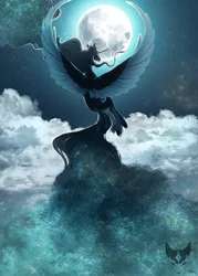 Size: 3000x4200 | Tagged: safe, artist:lastaimin, derpibooru import, princess luna, alicorn, pony, cloud, ethereal mane, ethereal tail, high res, horn, image, looking back, moon, night, palindrome get, png, signature, solo, spread wings, tail, wings