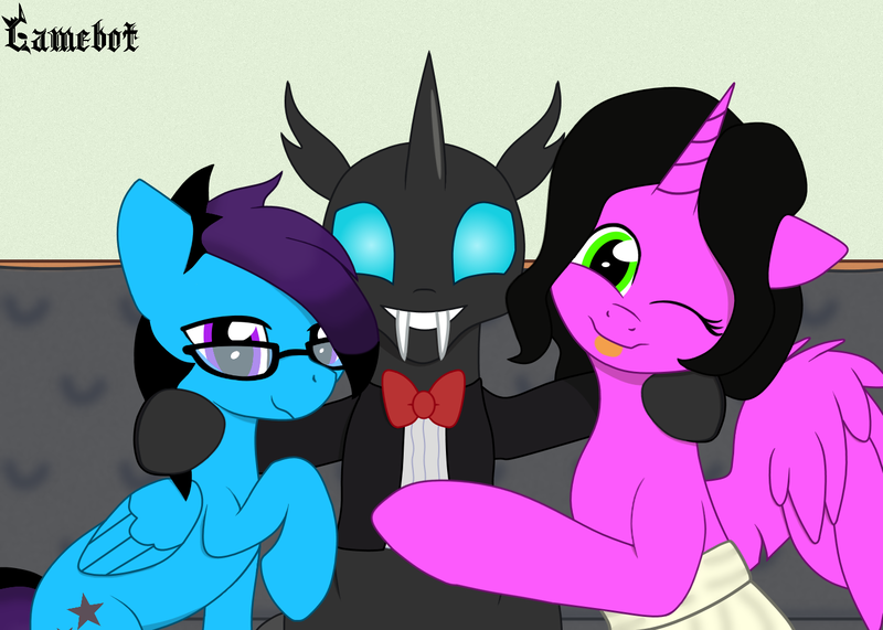 Size: 1400x1000 | Tagged: safe, artist:tcgamebot, derpibooru import, oc, oc:bizku, oc:changelink, oc:sarah, unofficial characters only, alicorn, changeling, pegasus, pony, bowtie, clothes, couch, cuddling, cute, fangs, female, glasses, hug, image, looking at you, lucky bastard, male, one eye closed, png, polyamory, shipping, sitting, smiling, tongue out, tuxedo