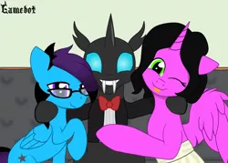 Size: 1400x1000 | Tagged: safe, artist:tcgamebot, derpibooru import, oc, oc:bizku, oc:changelink, oc:sarah, unofficial characters only, alicorn, changeling, pegasus, pony, bowtie, clothes, couch, cuddling, cute, fangs, female, glasses, hug, image, looking at you, lucky bastard, male, one eye closed, png, polyamory, shipping, sitting, smiling, tongue out, tuxedo