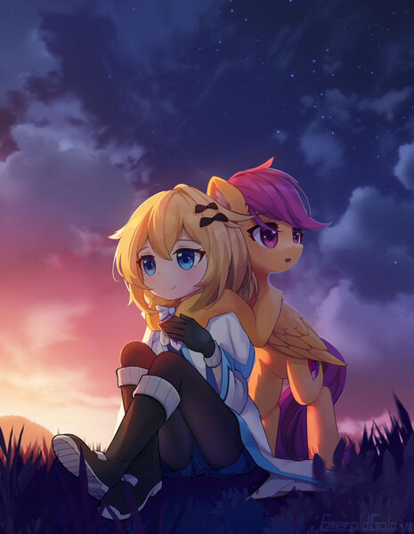 Size: 1280x1652 | Tagged: safe, artist:emeraldgalaxy, derpibooru import, scootaloo, human, pony, crossover, image, jpeg