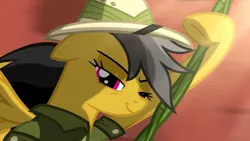 Size: 1280x720 | Tagged: safe, derpibooru import, screencap, daring do, pegasus, pony, stranger than fan fiction, clothes, cute, daring dorable, daring sass, female, hat, i wanna hear her heartbeat, i wanna hug her, i wanna kiss her nose, image, jpeg, olive green shirt, pith helmet, sleeves rolled up, solo, spread wings, vine, wings