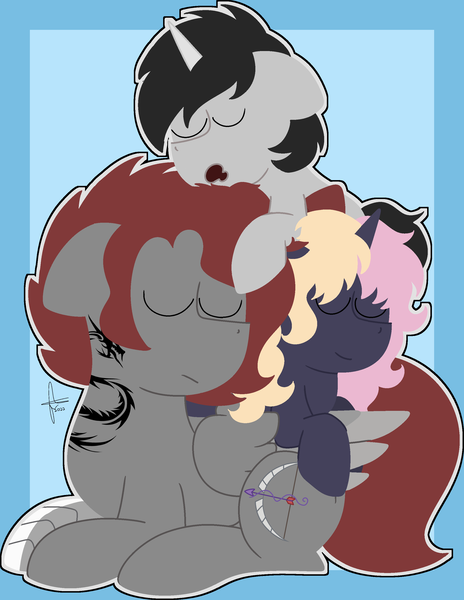 Size: 2253x2915 | Tagged: safe, artist:finnythewolfie, derpibooru import, oc, oc:artfulcord, oc:cyan delta, oc:marzipan creme, pegasus, pony, unicorn, cute, female, image, male, mare, png, sleeping, stallion