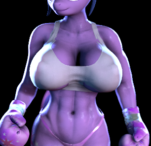 Size: 306x297 | Tagged: suggestive, artist:isisazza, derpibooru import, twilight sparkle, unicorn, 3d, belly button, boxing gloves, bra, breasts, busty twilight sparkle, clothes, female, image, muscles, muscular female, panties, png, purple panties, purple underwear, solo, solo female, stomach, thong, underwear, unicorn twilight, white bra