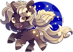Size: 1932x1378 | Tagged: safe, artist:amberpone, derpibooru import, oc, oc:glowing star, unofficial characters only, pony, unicorn, brown fur, cel shading, chest fluff, chibi, commission, cute, digital art, female, freckles, full body, image, long hair, long mane, looking at you, mare, paint tool sai, png, shading, simple background, solo, space, stars, transparent background, yellow eyes, yellow mane