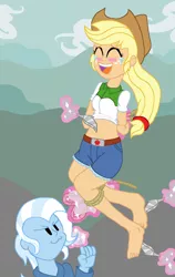 Size: 2856x4528 | Tagged: suggestive, artist:tagman007, derpibooru import, edit, applejack, trixie, equestria girls, magic duel, :3, >:3, arm behind back, barefoot, belly button, better version, bondage, breasts, clothes, crying, cute, equestria girls interpretation, eyes closed, feather, feet, female, fetish, foot fetish, image, jackabetes, laughing, lesbian, levitation, magic, magic aura, midriff, navel play, open mouth, png, raised finger, rope, rope bondage, scene interpretation, sexy, shipping, shorts, tears of laughter, teary eyes, telekinesis, tickle torture, tickling, tied up, toes, tripplejack