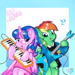 Size: 1403x1396 | Tagged: safe, artist:rainbow eevee, derpibooru import, oc, oc:hsu amity, oc:lightning chaser, alicorn, pegasus, pony, album cover, alicorn oc, blue eyes, clothes, colored wings, cover art, cute, digital art, duo, electric guitar, glasses, gradient background, guitar, guitar pick, horn, image, jewelry, keyboard, lightning, looking at each other, looking at someone, looking down, looking up, multicolored hair, musical instrument, necklace, pegasus oc, png, purple eyes, rainbow hair, text, two toned wings, wings