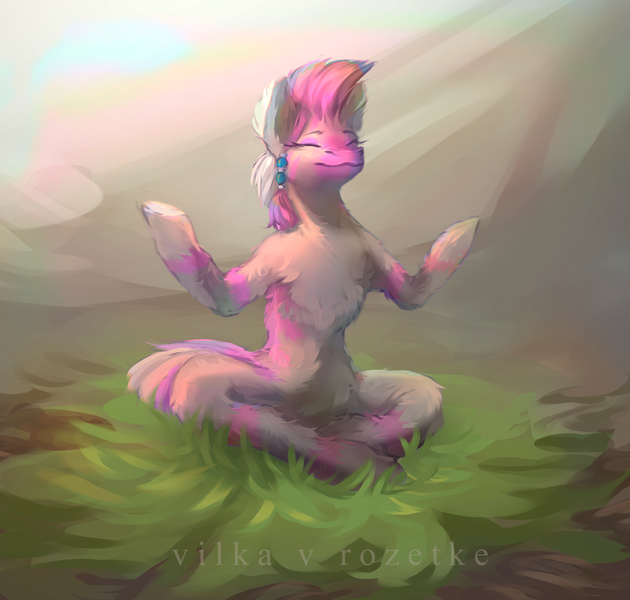 Size: 2384x2272 | Tagged: safe, artist:vilka v rozetke, derpibooru import, oc, oc:chifundo, hybrid, pony, zony, fallout equestria, fallout equestria: dead tree, dead land, grass, hair beads, image, meditating, meditation, mohawk, peaceful, pink stripes, png, shaman