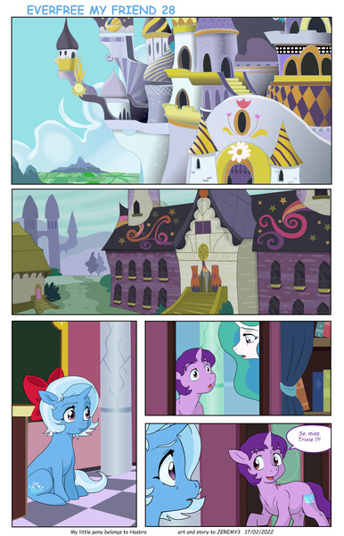 Size: 5762x8949 | Tagged: safe, artist:jeremy3, derpibooru import, princess celestia, trixie, alicorn, pony, unicorn, comic:everfree, comic, female, filly, filly trixie, foal, image, jpeg, ribbon, younger